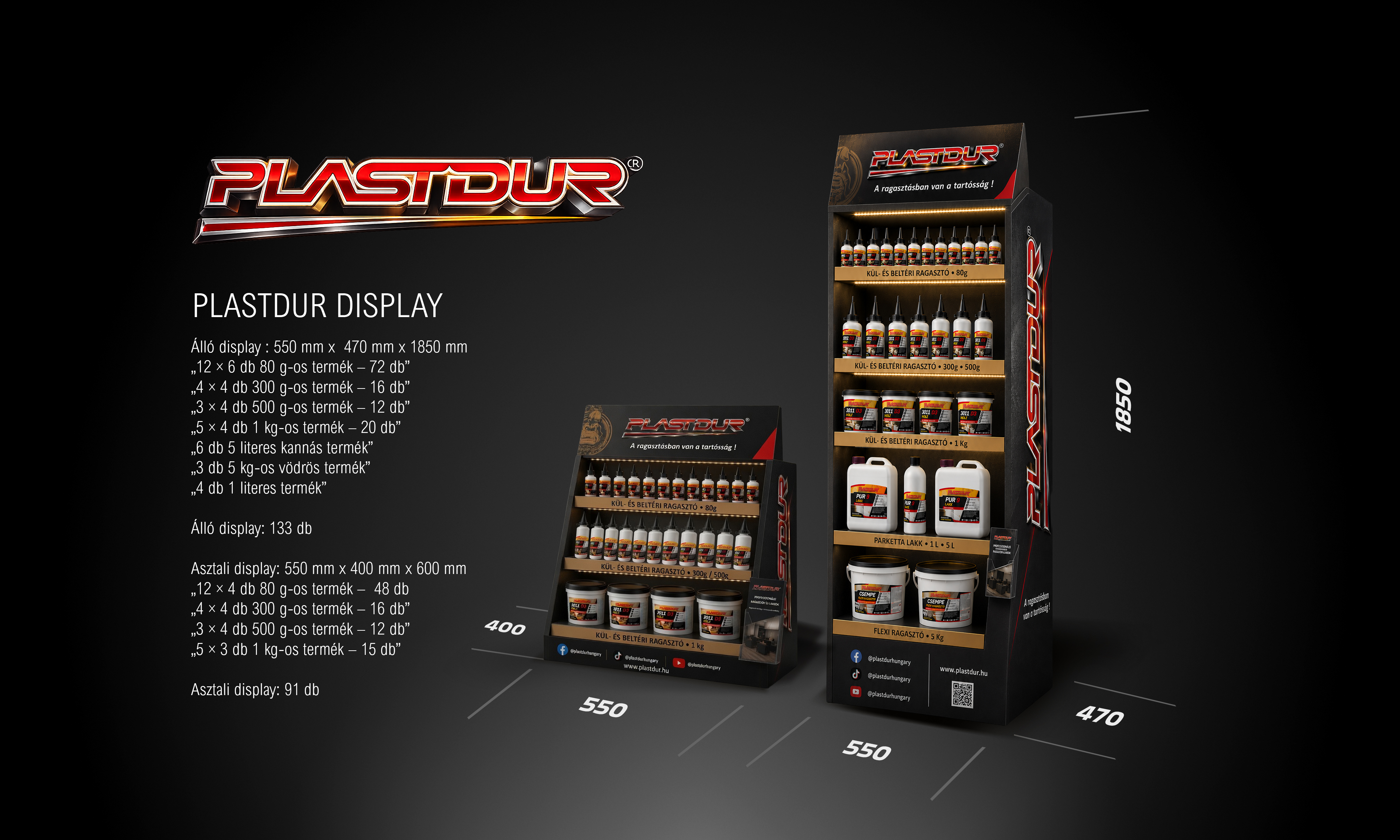 PLASTDUR álló és asztali display méretek és kapacitások